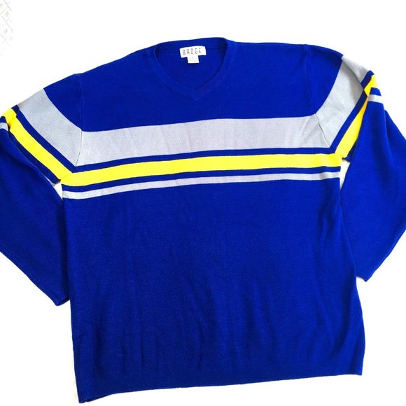 Badge Varsity V Neck Blue Yellow Long Sleeve Sweater - Picture 1 of 8